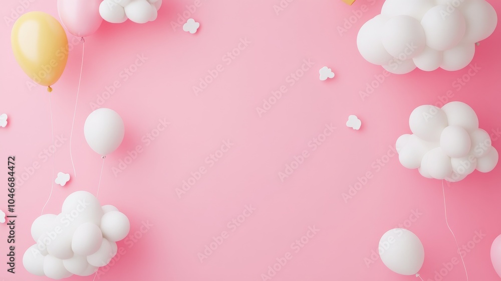 Photo of, Pink background with scattered clouds and balloons for design, banner template Photo of, Pink background with scattered clouds and balloons for design, banner template