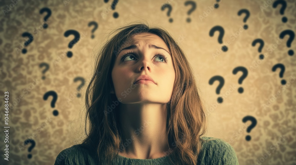 A young woman gazes upward, appearing puzzled, while question marks float around her in a cozy indoor environment, reflecting her thoughts. Generative AI A young woman gazes upward, appearing puzzled, while question marks float around her in a cozy indoor environment, reflecting her thoughts. Generative AI