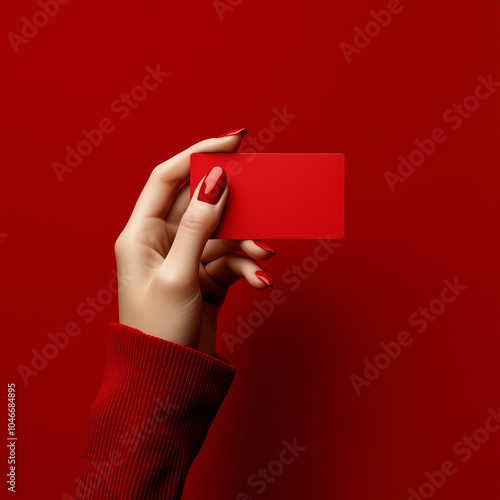 emale hand holds a sleek gift card against a vibrant background, showcasing a mix of elegance and simplicity. Ideal for promoting holiday shopping, gift certificates, rewards, or brand loyalty program photo