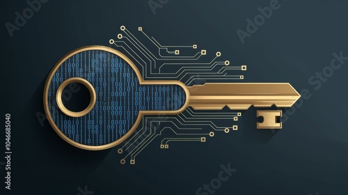 Abstract illustration of a digital key with binary code and circuit lines, symbolizing access control, encryption, and data security.