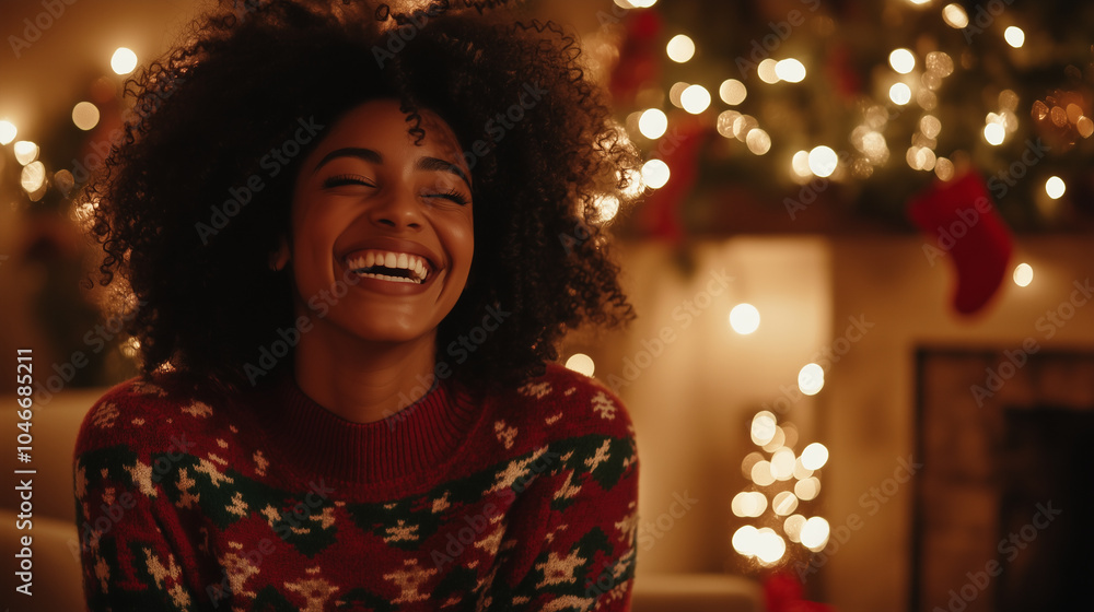Happy Woman Laughing in a Cozy Christmas Sweater Happy Woman Laughing in a Cozy Christmas Sweater