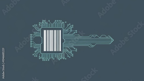 Abstract illustration of a digital key with binary code and circuit lines, symbolizing access control, encryption, and data security. photo