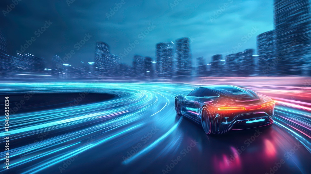 A futuristic car drives through a neon-lit city at night, leaving a trail of light behind it. The car is a symbol of speed, progress, and the future of transportation. A futuristic car drives through a neon-lit city at night, leaving a trail of light behind it. The car is a symbol of speed, progress, and the future of transportation.
