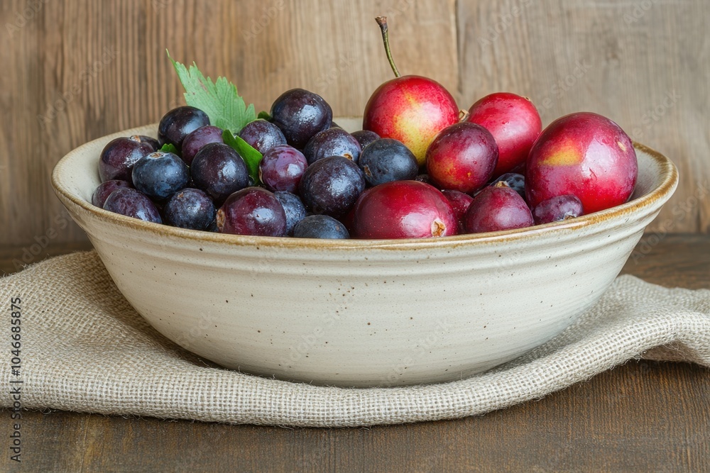 Fresh plums nectarines in ceramic bowl on wooden background Fresh plums nectarines in ceramic bowl on wooden background