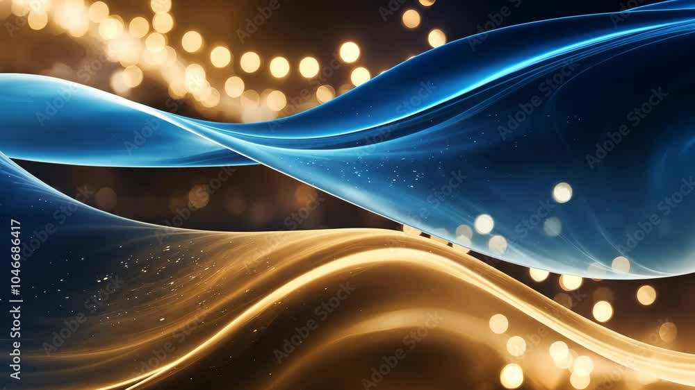 Blue and gold abstract wave motion with soft glowing bokeh lighting effects