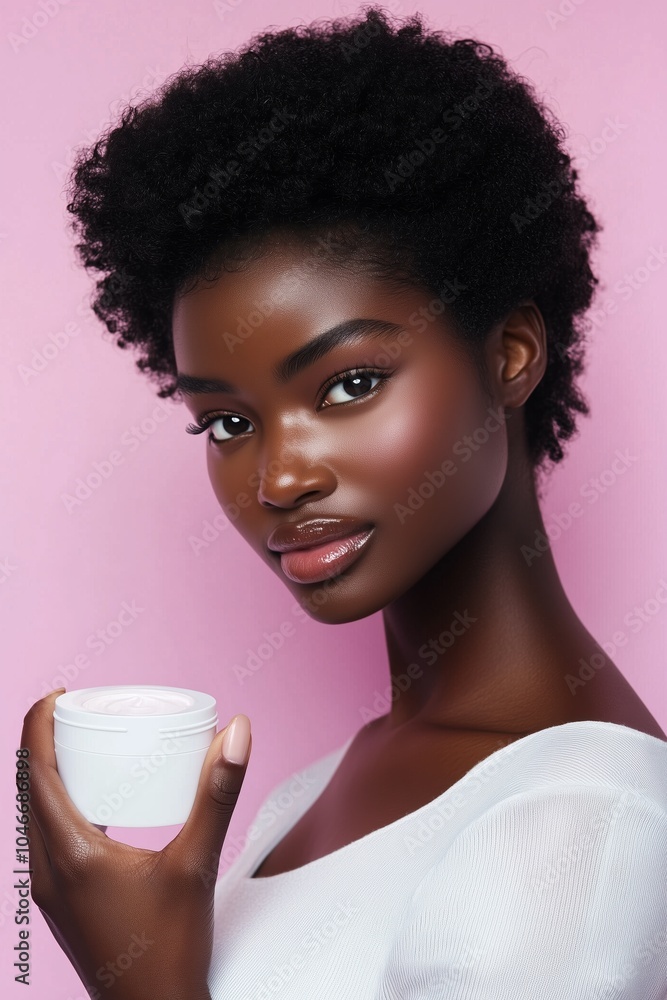 A woman with glowing skin smiles gently while holding a skincare jar A woman with glowing skin smiles gently while holding a skincare jar