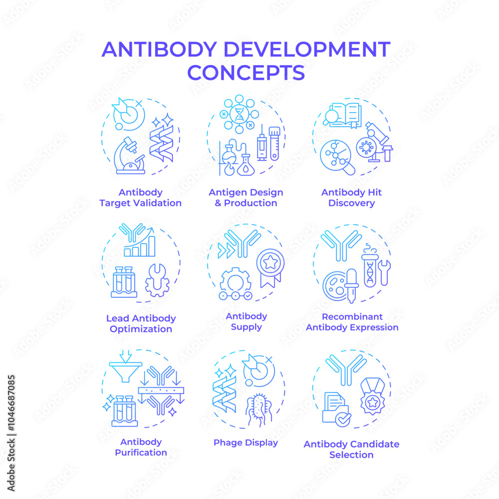 Antibody development blue gradient concept icons. Biotechnology and immunology. Laboratory research. Precision medicine. Icon pack. Vector images. Round shape illustrations. Abstract idea Antibody development blue gradient concept icons. Biotechnology and immunology. Laboratory research. Precision medicine. Icon pack. Vector images. Round shape illustrations. Abstract idea