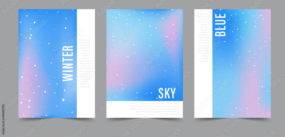 Gradient Winter Background with snowflakes. Set of trendy abstract neon templates. Cold fluid wave design. Modern vector. Pastel minimalist backdrop for posts or banners. Blue, purple and pink colors.