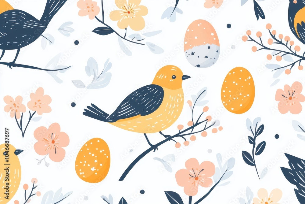 Springtime pattern with birds floral motifs Springtime pattern with birds floral motifs