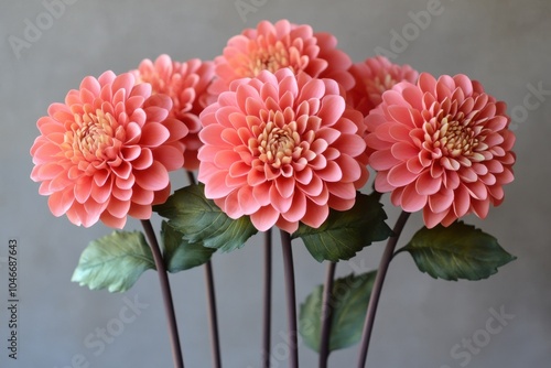 Vibrant coral dahlia flowers neutral background