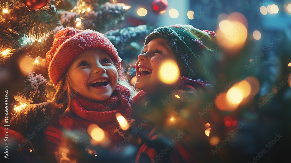 Children Laughing and Playing Around the Christmas Tree Children Laughing and Playing Around the Christmas Tree