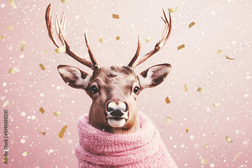 happy traditional christmas or new year reindeer with a pastel pink scarf  with golden blurred confetti flying around, isolated on a pastel pink photo