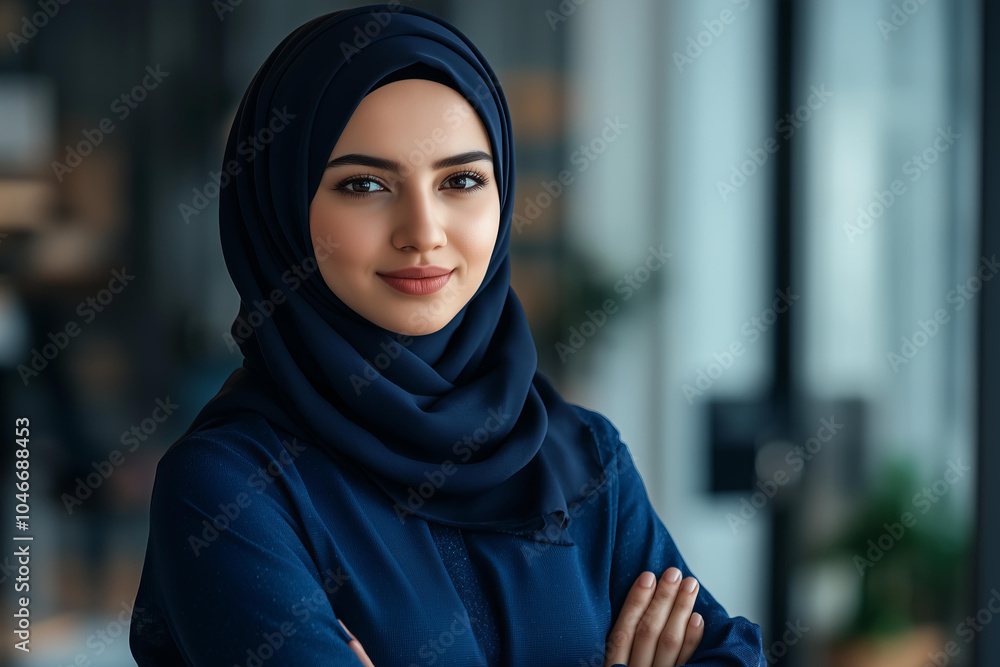 Portrait of a beautiful, confident, smiling Muslim woman in a navy blue hijab and blue blouse, standing with her arms crossed and looking at the camera. The background is a blurry office setting Portrait of a beautiful, confident, smiling Muslim woman in a navy blue hijab and blue blouse, standing with her arms crossed and looking at the camera. The background is a blurry office setting