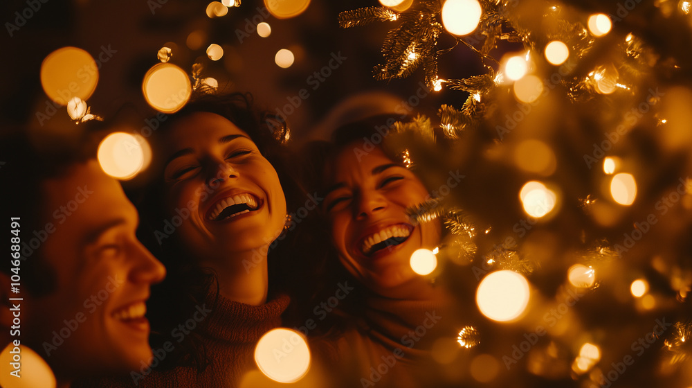 Family Laughing Together Around the Christmas Tree Joyfully Family Laughing Together Around the Christmas Tree Joyfully