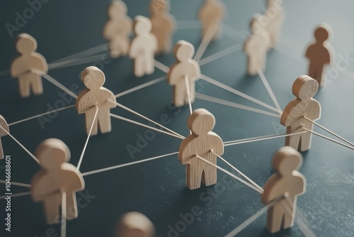 A network of wooden human figures interconnected by strings, symbolizing social connections, teamwork, and community. Ideal for illustrating themes of networking, collaboration, and human interaction.