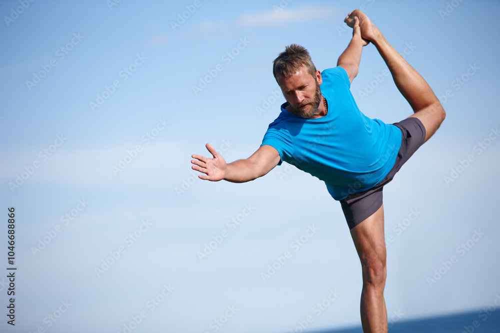 Yoga, stretching and man in nature, sky and fitness with balance, wellness and exercise in park. Workout, health and relax with warm up, posture and activity for person, flexibility and mockup space