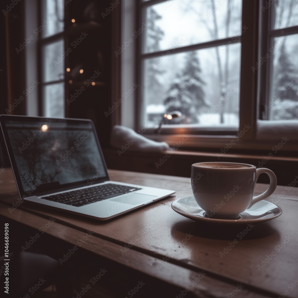 Winter workspace with laptop and coffee near window view Winter workspace with laptop and coffee near window view