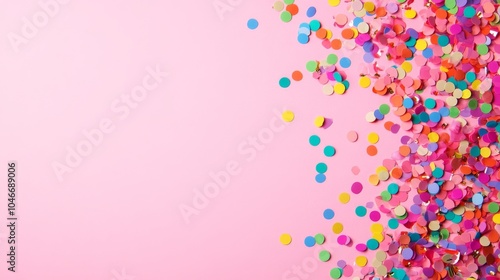 Photo of, Pink background with scattered confetti for design, banner template