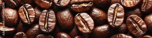 Closeup fresh roasted Arabian or aroma coffee beans background. Food pattern. Love organic coffee concept backdorp. Top view, flat lay with copy space for cafe advertising, package design photo