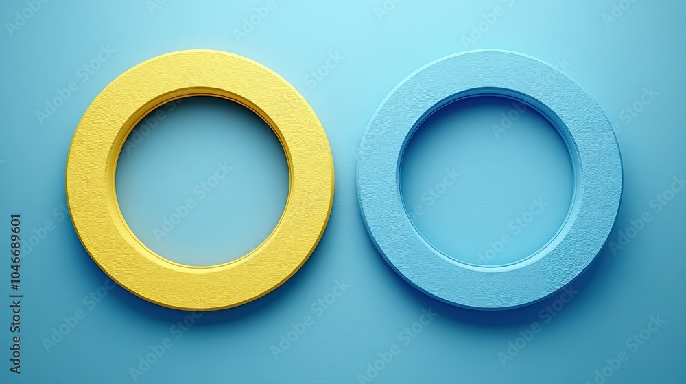 Two circles, one yellow and one blue, are placed on a blue background. The circles are made of a material that looks like wood and have a rough texture. Concept of contrast between the two colors Two circles, one yellow and one blue, are placed on a blue background. The circles are made of a material that looks like wood and have a rough texture. Concept of contrast between the two colors