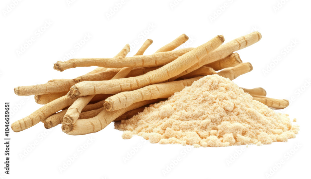 Ashwagandha, Indian ginseng, Withania Somnifera powder and roots isolated on transparent background PNG