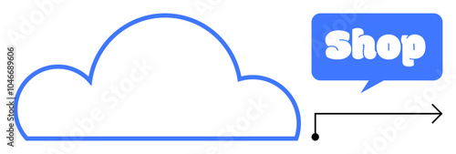 A blue cloud outline with a speech bubble labeled Shop connected by an arrow. Ideal for online shopping, cloud storage, digital marketing, e-commerce, and modern technology. Simple vector style