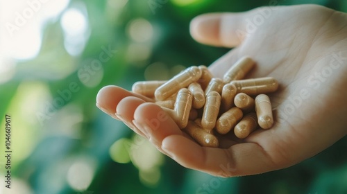 Ashwagandha, Indian ginseng, Withania Somnifera powder in pill capsules supplement lying on hand