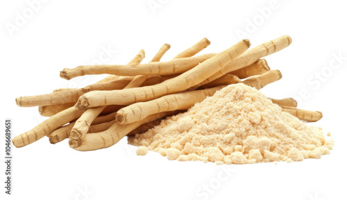 Obraz na płótnie Ashwagandha, Indian ginseng, Withania Somnifera powder and roots isolated on transparent background PNG w salonie