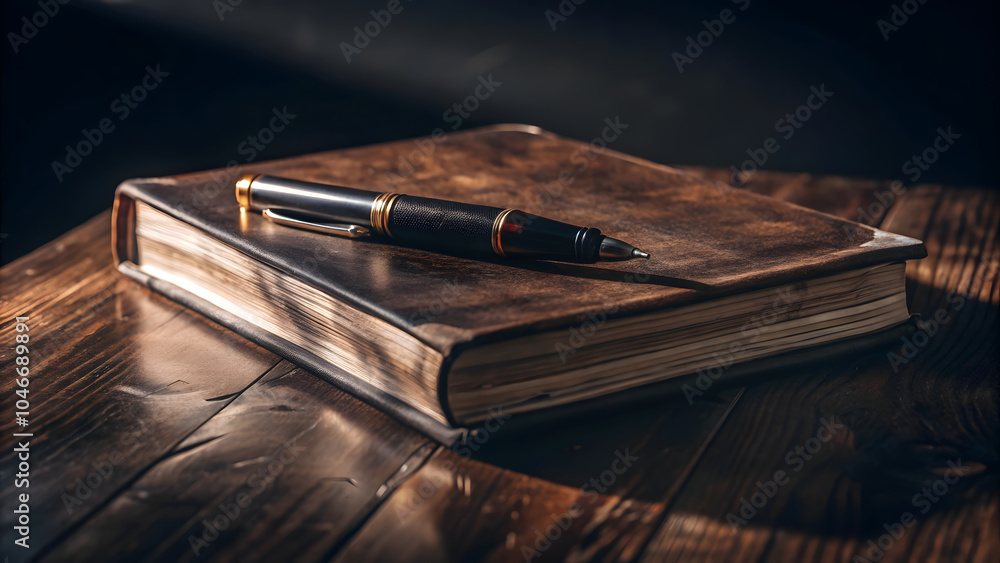 Antique book on a wooden table, with a vintage pen Antique book on a wooden table, with a vintage pen