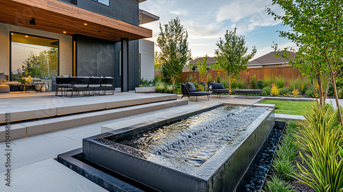 A modern backyard featuring a sleek water