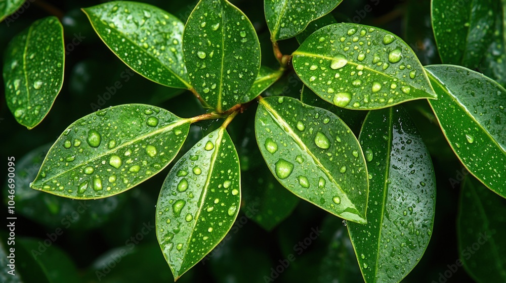 Close-up of green leaves with raindrops. Close-up of green leaves with raindrops.