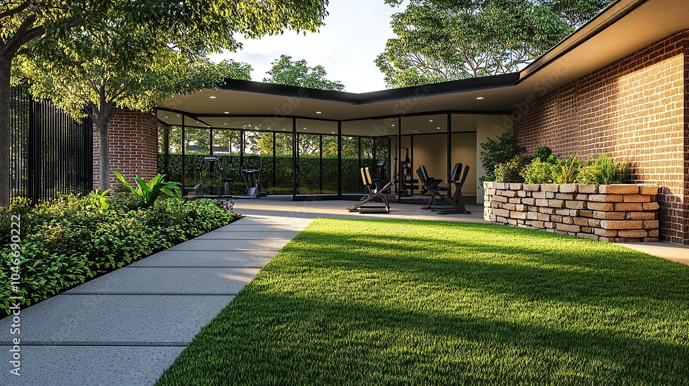 Naklejka premium Modern Outdoor Fitness Pavilion with Scenic Garden View