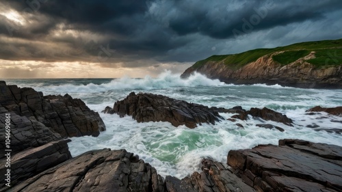 Crashing waves on a rocky coastline under a stormy sky