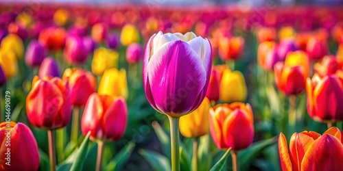 Looking down, a kaleidoscope of colors bursts forth from a vast field of blossoming tulips.