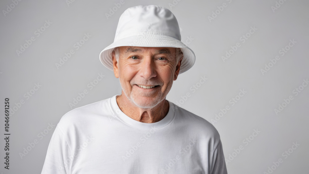 Senior man wearing white t-shirt and white bucket hat isolated on grey background Senior man wearing white t-shirt and white bucket hat isolated on grey background