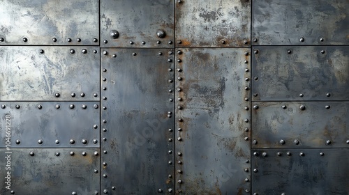 Texture of a vintage metal wall with rivets and patina effect, perfect for backgrounds or industrial themes.