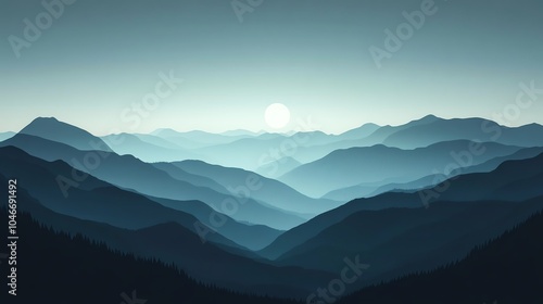 Stunning mountain landscape with layered peaks under a serene sunset sky, evoking tranquility and natural beauty.