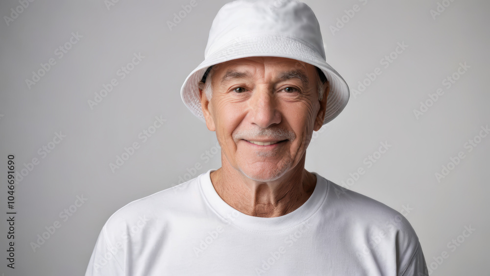 Senior man wearing white t-shirt and white bucket hat isolated on grey background Senior man wearing white t-shirt and white bucket hat isolated on grey background