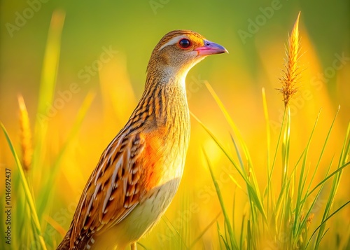 Minimalist photography highlights the lone corncrake male in a summer meadow. photo