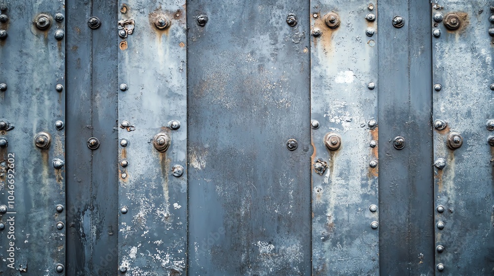 Fototapeta premium Rusty, weathered metal wall with rivets and patches, perfect for industrial or urban themes.