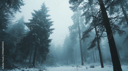 Misty forest scene with tall trees covered in snow, creating a serene winter atmosphere. photo