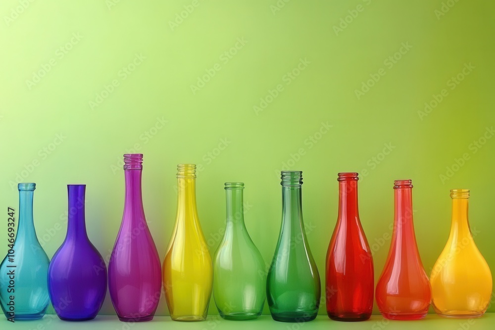 Colorful glass bottles lined up green background Colorful glass bottles lined up green background