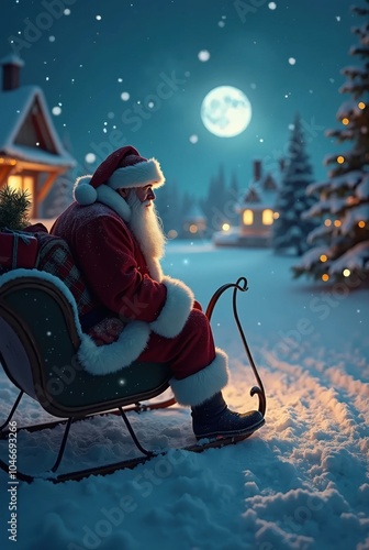 Santa Claus sitting on a sleigh under the moonlight in a snowy village
