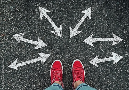 Person in red sneakers standing on an asphalt road surrounded by white arrows pointing in different directions, symbolizing open spaces and possibilities for future paths in a casual setting.