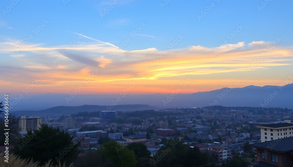 Sunset over Cityscape with Mountains, Sunset over Cityscape with Mountains,