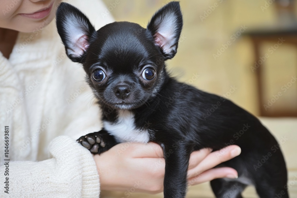 Adorable black Chihuahua puppy with a white coat and small dark eyes, captured in a warm room, showcasing its cute features in high-resolution photography. Adorable black Chihuahua puppy with a white coat and small dark eyes, captured in a warm room, showcasing its cute features in high-resolution photography.