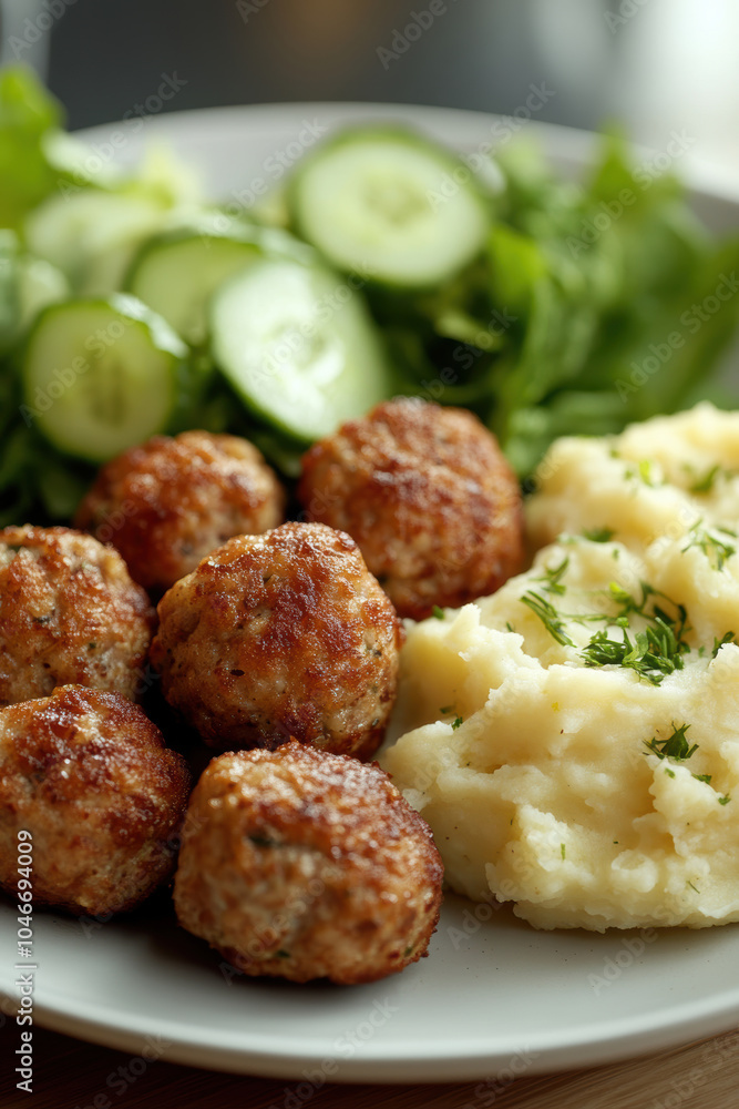 fried meatballs served with creamy mashed potatoes and a fresh green salad. AI generative. fried meatballs served with creamy mashed potatoes and a fresh green salad. AI generative.