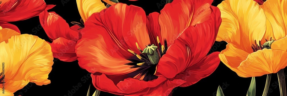 custom made wallpaper toronto digitalClose-up of a red and yellow tulip with black background.