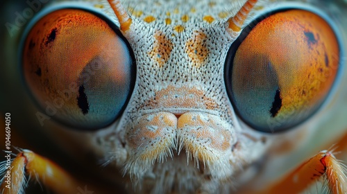 A close up of a bug's face with orange eyes and a white nose. Generative AI