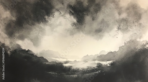 Dramatic black and white clouds swirling in an atmospheric sky, creating an evocative and moody backdrop.